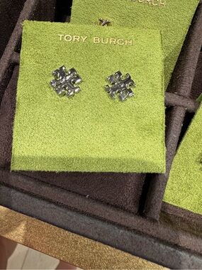 Tory Burch silver-tone pave small logo stud earrings silver color small